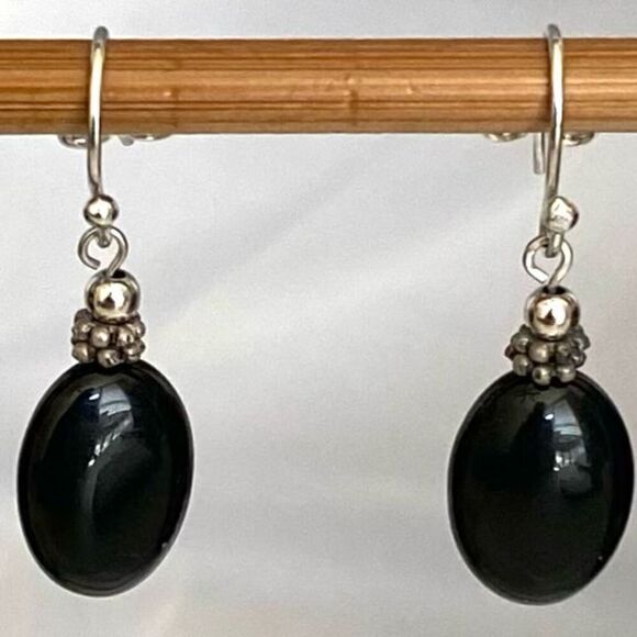 TS# 2 Sterling 925 Silver & Black Onyx 1 1/4” Dangles - Picture 1 of 8